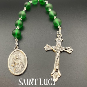 Saint Lucy Chaplet: Green Frosted Glass Beads, Silvertone Medal