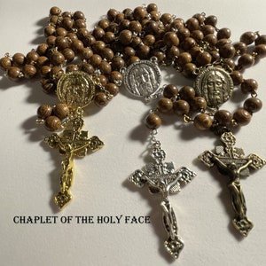 Holy Face Chaplet: Wenge Wood Beads, Silver/Gold/Bronze Tone