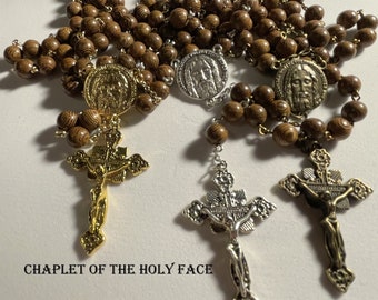 Holy Face Chaplet, Holy Face of Christ Chaplet in Your Choice of Silver Tone, Gold Tone or Bronze with Wenge Wood Beads