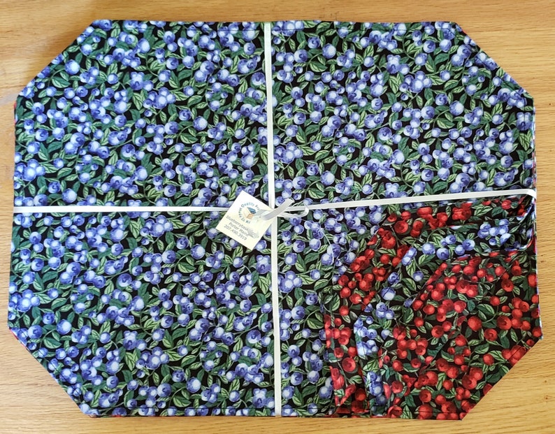 Blueberry Placemats ... Flips to black for Halloween and BB Flips to Cranberry Maine Made 10.75 each.. we are out til FALL of 2024 image 3
