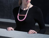 Copper Bar Chunky Necklace - Rope, Wool, Copper Modern Jewelry - Contemporary Design - Industrial Jewellery - Pink Necklace