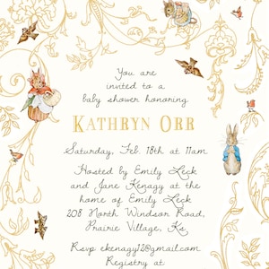 May include: A baby shower invitation featuring a whimsical illustration of a rabbit and a mouse in a garden setting. The invitation is for Kathryn Orr and includes the date, time, and location of the event. It also includes the host's name and contact information.
