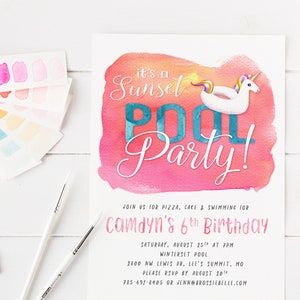 Pool Party Birthday Invite DIGITAL FILE, Swim Party Invitations, Sunset Party Digital Print File, Girls Swim Party - Print Your Own