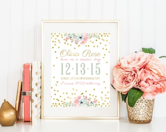 Lámina floral para habitación de bebé niña: Estadísticas de bebé personalizadas (archivo digital)