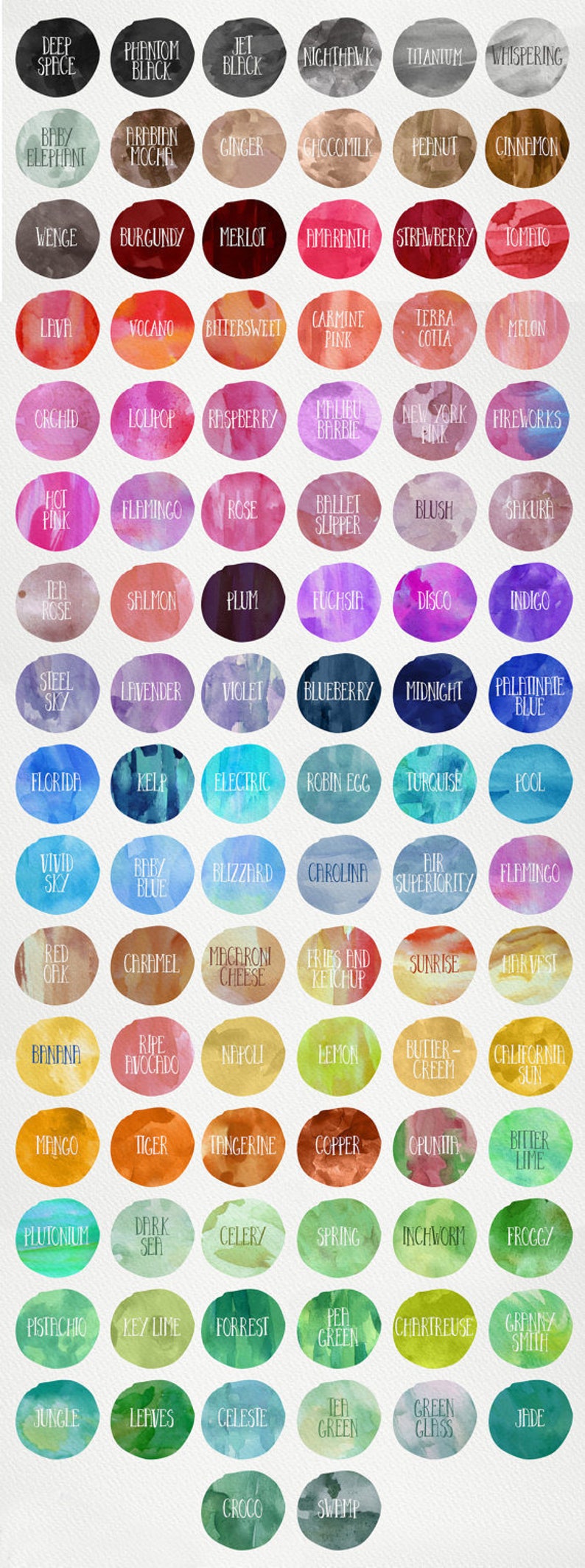 Puede incluir: Una tabla de 100 muestras de pintura acuarela con nombres para cada color. Los colores est&aacute;n dispuestos en una cuadr&iacute;cula, con cada fila representando una familia de colores diferente. Los colores van desde azules y morados profundos hasta amarillos y naranjas brillantes. Los nombres de los colores est&aacute;n escritos en blanco en cada muestra.