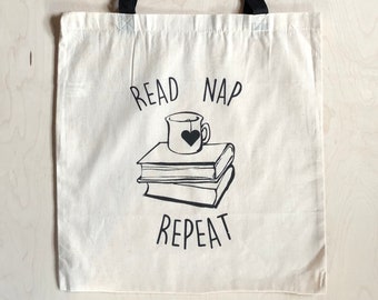 Read Nap Repeat Tote Bag, Book Lover Tote, Nap Lover Tote, Gift Bag