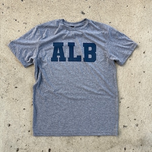 Op de afbeelding: Een grijs t-shirt met een donkerblauwe "ALB" print op de voorkant.
