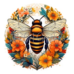 May include: A stylized illustration of a bee with black and yellow stripes surrounded by orange and yellow flowers. The bee has large wings and is set against a white background.