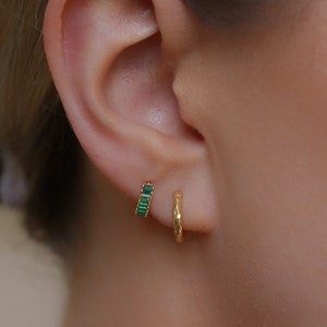 925 Silver Emerald Huggies Earrings • Gold Vermeil Minimalist Dainty Beaten Hoops • CZ Pave May Birthstone Earrings • Birthday Gift for Her