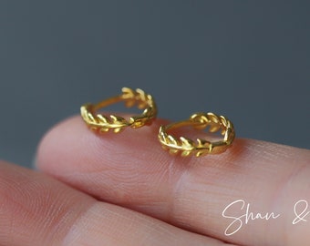 Gold Minimalist Leaf Hoop Earrings, Sterling Silver Skinny Dainty Olive Leaf Stacking Earrings, Everyday Minimalist Earrings, Gift for Her