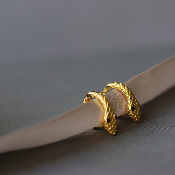 Gold Cool Snake Huggie Hoop, Sterling Silver 8mm Inner Diameter Stacking Animal Hoop Earrings, Gold Serpent Huggie Earrings, Gift for Her
