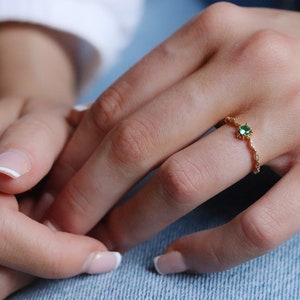 18K Gold Plated Emerald Ring, Adjustable Green CZ Crystal Ring, 925 Silver Delicate Band, Vintage Stackable Rings, Jewellery Gift for Her