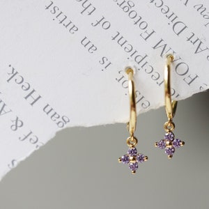 Sterling Silver Lilac Four Leaf Clover CZ Huggies Earrings, Gold Vermeil Minimalist June Birthstone Hoops, Bridesmaid Birthday Gift for Her