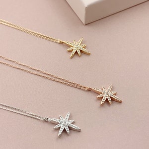 Celestial Star Necklace, 18k Gold Plated, CZ Crystal Starburst Pendant Necklace, Dainty North Star Necklace, Christmas gift for her/Mum