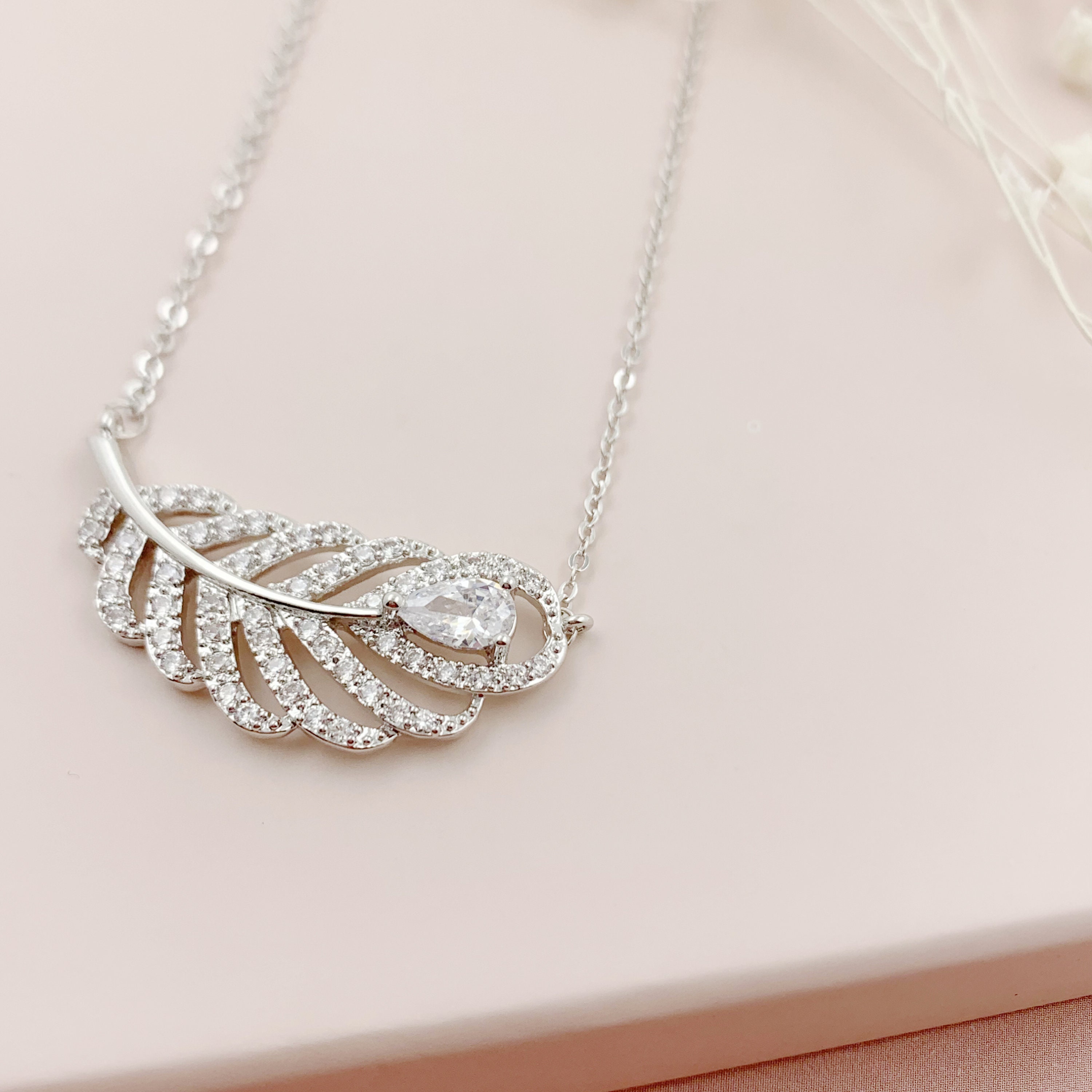 White Gold Baguette Diamond Feather Necklace, Diamond Cluster Pendant with  18 Chain, Autumn Leaves Fine Jewelry