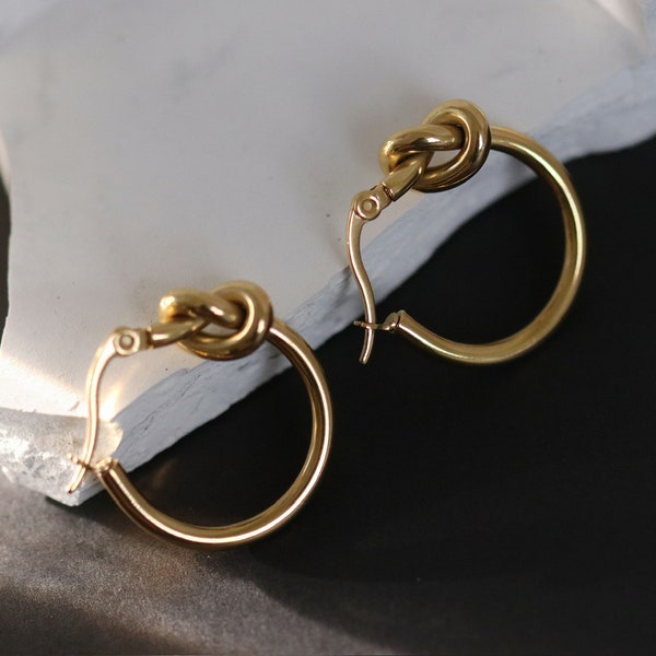 18K Gold Knot Hoop Earrings • Water Proof Minimalist Hoop Earrings • Statement Chunky Huggie Earrings • Tarnish Free Birthday Gift for Her