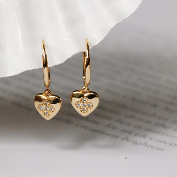 Dangle Diamond Earrings For Women 14K Yellow Gold Puffed Heart Design 405778
