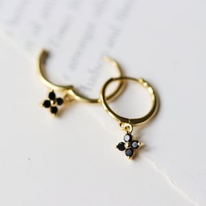 Sterling Silver Four Leaf Clover Black CZ Dangle Huggies, Gold Vermeil Minimalist Flower Earrings, Everyday Tiny Dangle Hoops, Gift for Her