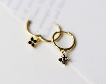 Sterling Silver Four Leaf Clover Black CZ Dangle Huggies, Gold Vermeil Minimalist Flower Earrings, Everyday Tiny Dangle Hoops, Gift for Her