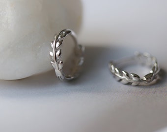 Sterling Silver Tiny Leaves Hoop Style Earrings in Silver & Gold, Thin Dainty Olive Leaf Stacking Earrings, Everyday Miniimalist Earrings