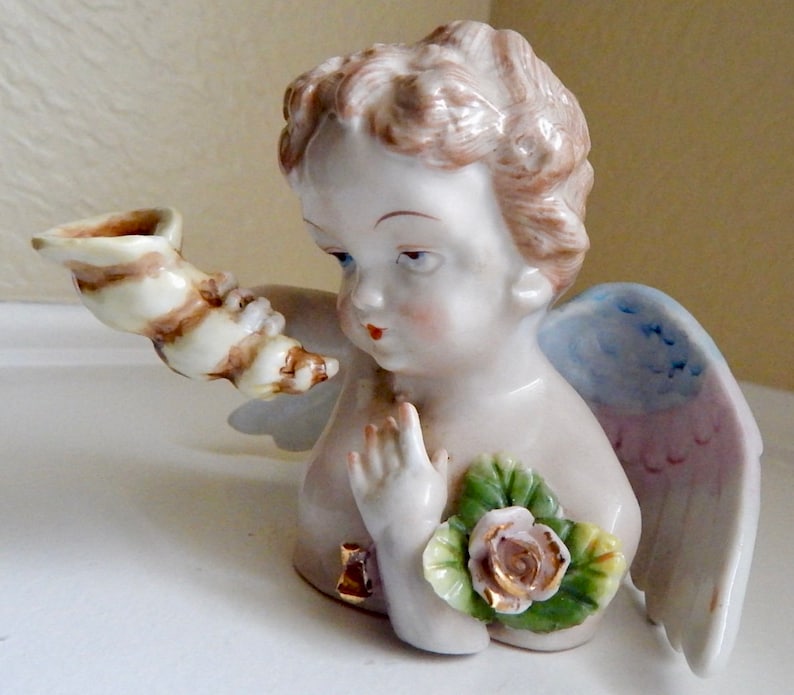 Vintage Porcelain Cherub Angel Bust with Conus Shell and Pink Rose