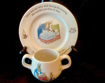 Vintage Wedgwood Beatrix Potter Peter Rabbit Double Handle Mug & Plate Set