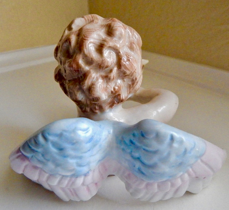 Vintage Porcelain Cherub Angel Bust with Conus Shell and Pink Rose