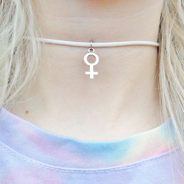 Feminist Femism Woman Girl Power Pendant Silver 90s Choker Necklace Jewellery Jewelry