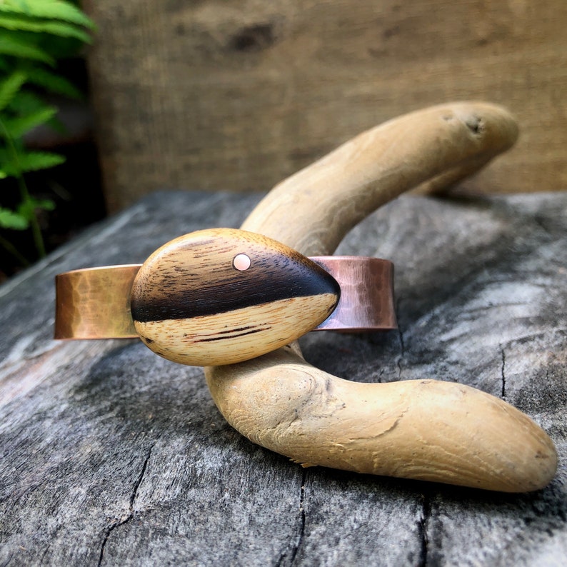 Hammered Copper Cuff with Black and White Ebony Wood Cabochon