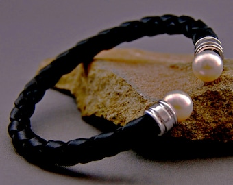 Ciara - Unique Black Leather Pearl Flexible Cuff Bracelet. Free shipping within the US.