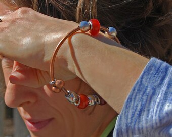 Lara - Copper Bracelet Features Carnelian Gemstone Beads With Sterling Silver Beads Set On a Solid Copper Cuff Bangle. Free Shipping US.