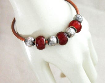 Boho Copper Cuff Bracelet Bangle, Carnelian Beads, Vintage Bali Beads.