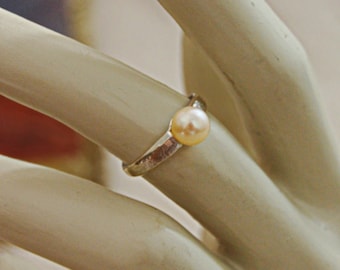 Simple Pearl Ring Set in Hammered Sterling Silver Setting.