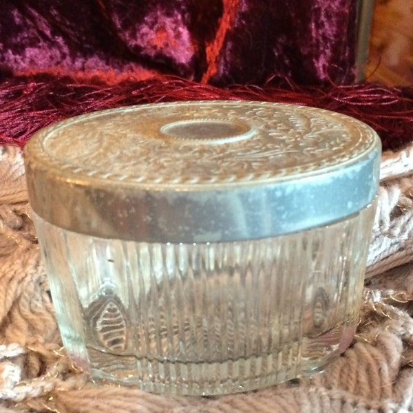Vintage Glass - AVON Glass Powder or Cream Jar with Silver Tone Flower Design Lid