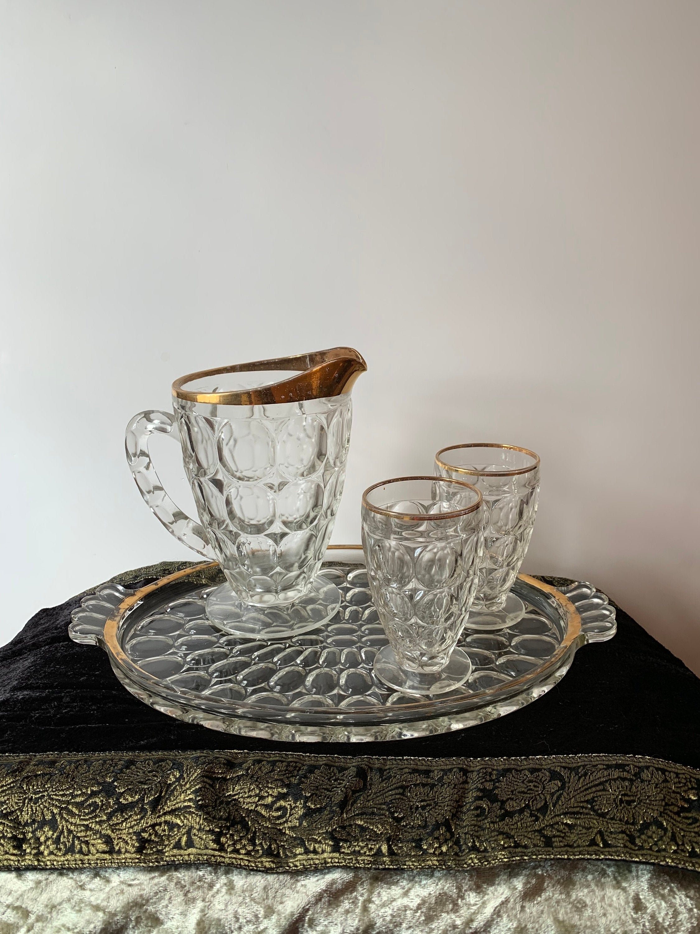 Vintage 4 Piece Glass Juice Set With Gold Trim Etsy UK