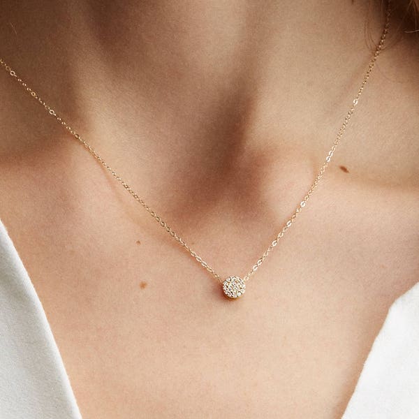 Diamond Circle Necklace, Gold Dot Necklace / Delicate, Dainty CZ Circle Necklace on 14k Gold Fill Chain / Layered and Long, LN340