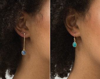 Tiny Stone Pendant Earrings • Circle or Teardrop Pendant • Turquoise and Blue Opal • on 14k Gold Fill, Sterling Silver LE720, LE721