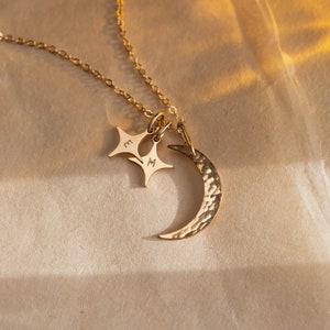 Crescent Moon and Stars Necklace, Personalized Initial Pendants, Custom Celestial Necklace | 14k Gold Fill, Sterling Silver | GNV_0231