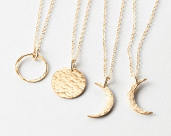 Dainty Moon Phase Necklace, Crescent Moon, Waxing Moon, Waning Moon, Full Moon, Celestial Necklace | 14k Gold Fill, Sterling Silver | LN116