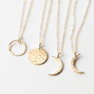 Dainty Moon Phase Necklace, Crescent Moon, Waxing Moon, Waning Moon, Full Moon, Celestial Necklace 14k Gold Fill, Sterling Silver LN116 image 1