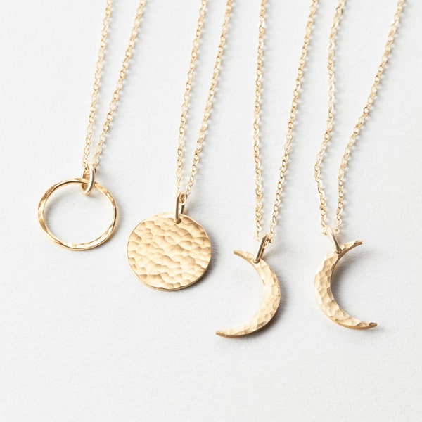 Dainty Moon Phase Necklace, Crescent Moon, Waxing Moon, Waning Moon, Full Moon, Celestial Necklace | 14k Gold Fill, Sterling Silver | LN116