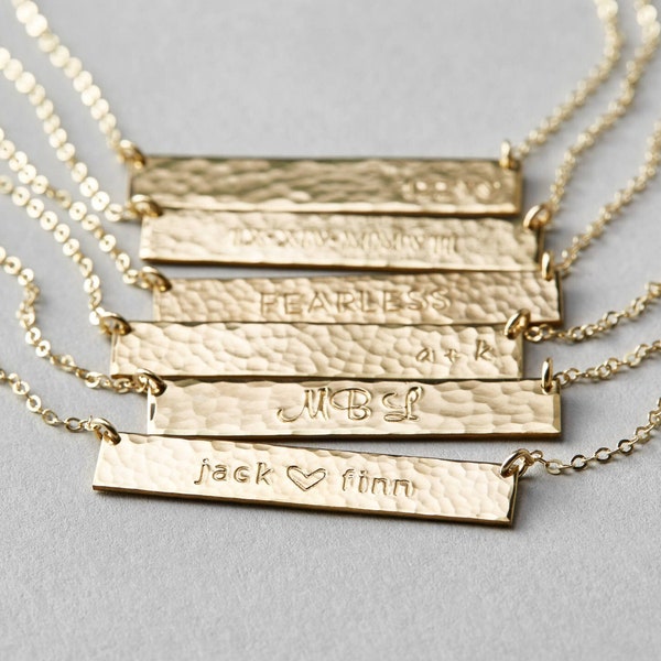 Custom Hammered Bar Necklace, Personalized Name Necklace, Nameplate Bar Necklace | 14k Gold Fill, Sterling Silver, Rose Gold | LN155_32_H_hm