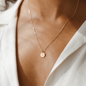 Collar de monedas de disco personalizado, etiqueta circular personalizada para iniciales, fechas, símbolos / relleno de oro de 14 k, plata de ley, oro rosa / LN213_V