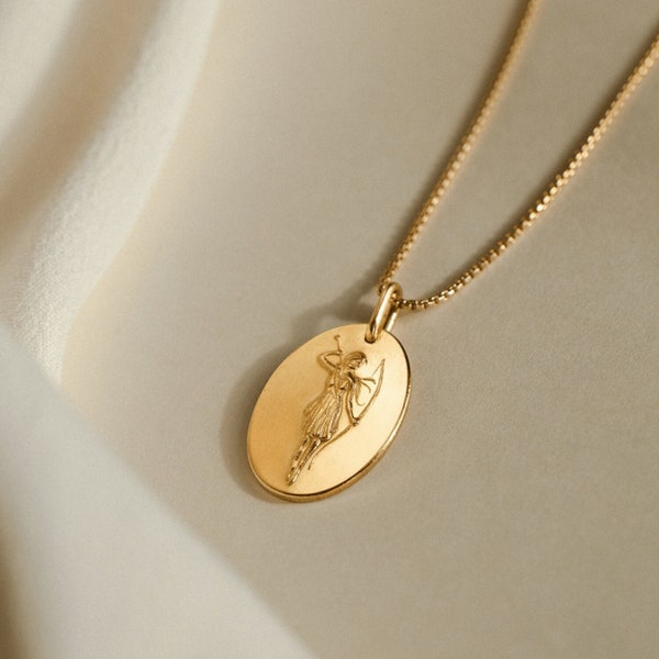 Moon Goddess Necklace, Artemis Pendant Necklace, Collectible Medallion Necklace | 14k Gold Fill, Sterling Silver | GNV_0234_AR