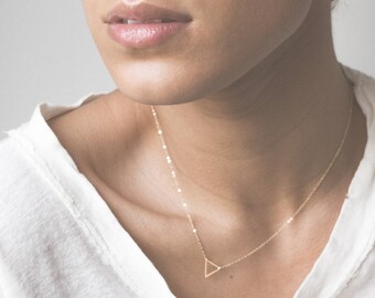Tiny Gold Triangle Necklace / FLOATING TRIANGLe Necklace / Delicate Necklace / Little Gold Triangle 14k Gold Fill Chain Layered + Long LN301
