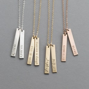 Personalized Vertical Bar Necklace, Custom Name Tag Necklace, Vertical Tag Necklace 14k Gold Fill, Sterling Silver, Rose Gold LN140_25_V image 1