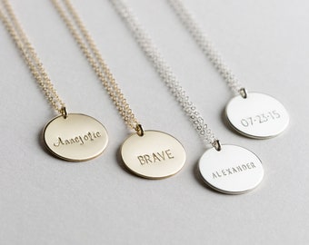 Custom Coin Necklace, Large Personalized Pendant Necklace, Simple Disk Necklace, Name Necklace | 14k Gold Fill, Sterling Silver | LN216