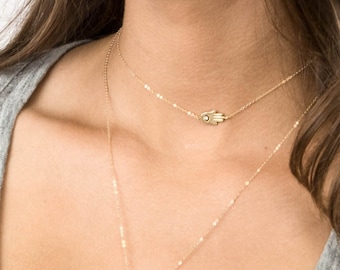 Choker Hamsa Necklace / Simple Necklace with Hamsa Hand / Delicate Gold Short Layering Necklace by Layered and Long LN308_aj
