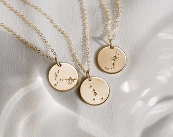 Custom Astrology Necklace, Zodiac Sign Pendant, Constellation Disk Necklace | 14k Gold Fill, Sterling Silver, Rose Gold | LN201