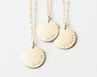 Personalized Name Necklace, Large Coin Pendant Necklace, Custom Date Disk Necklace | 14k Gold Fill, Sterling Silver, Rose Gold | LN216